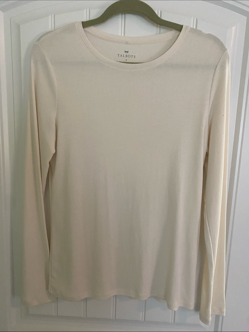 Talbots Women's 100% Pima Cotton Light Cream Long-Sleeve Crewneck Tee
